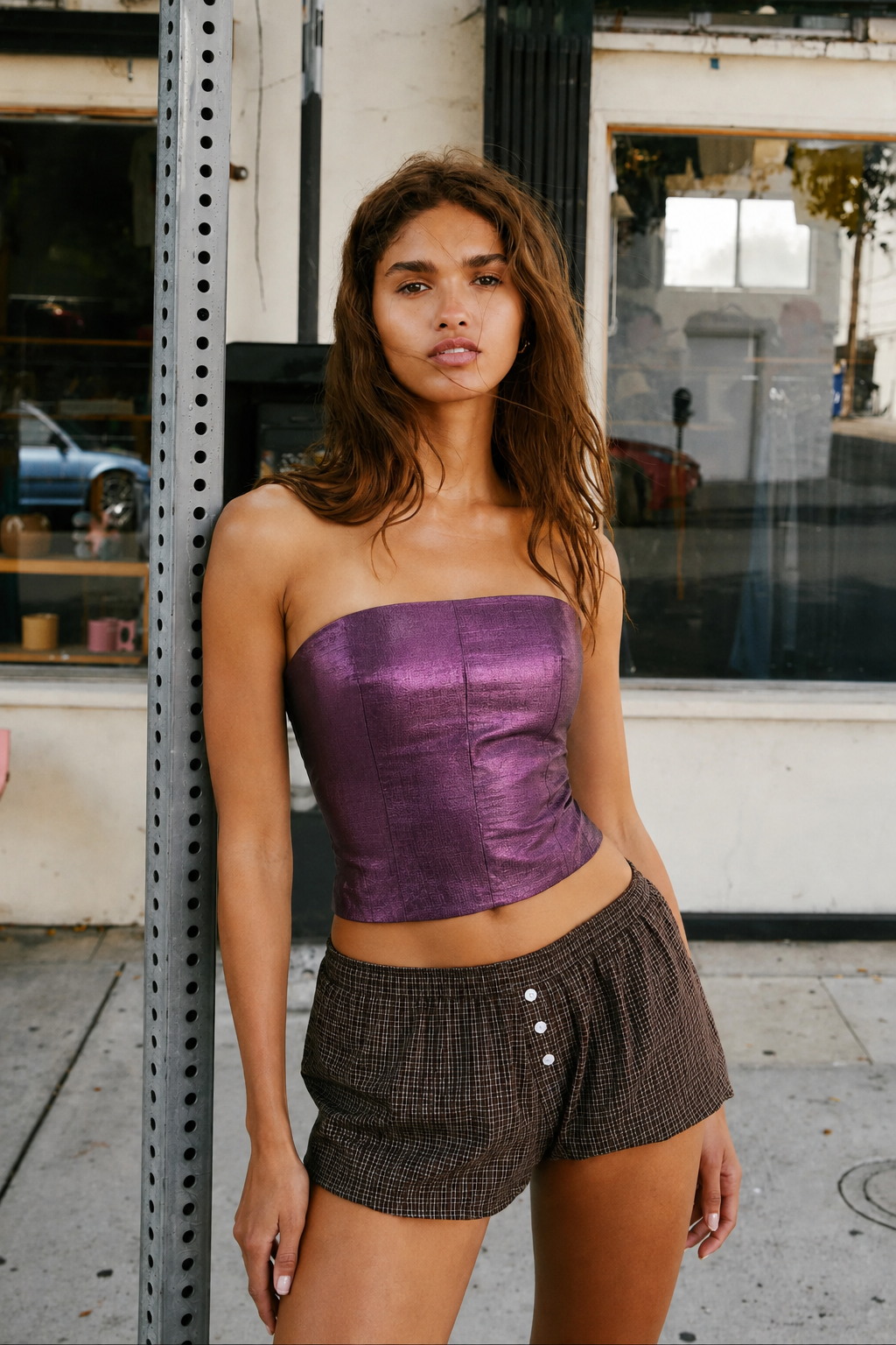 A woman stands on a city sidewalk wearing a metallic purple strapless tube top and brown plaid shorts with white buttons.